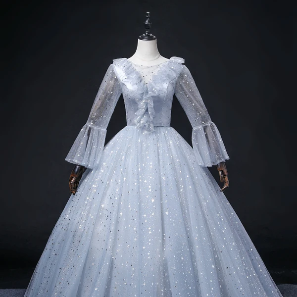 Bling Bling Sky Blue Star Sequins Prom Dresses 2022 Ball Gown Scoop Neck Bell sleeves Backless Floor-Length / Long Formal Dresses