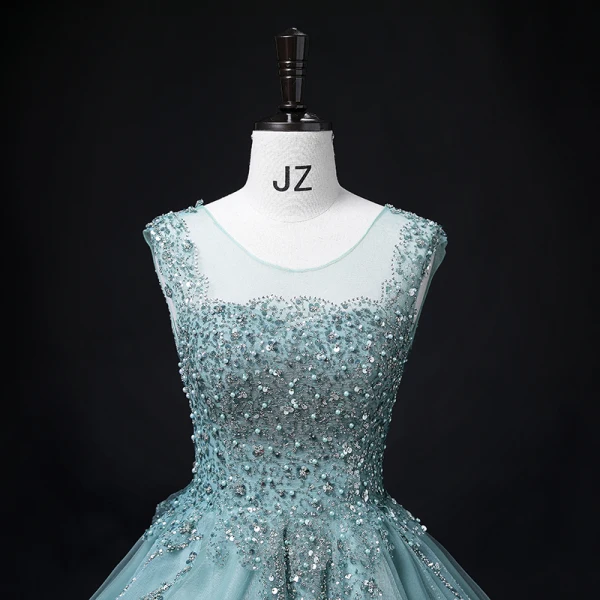 Chic / Beautiful Jade Green Beading Pearl Sequins Prom Dresses 2022 Ball Gown V-Neck Sleeveless Backless Floor-Length / Long Prom Formal Dresses