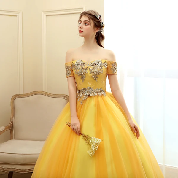 Chic / Beautiful Gold Prom Dresses 2020 Ball Gown Off-The-Shoulder Short Sleeve Appliques Lace Pearl Beading Floor-Length / Long Ruffle Backless Formal Dresses