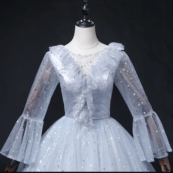 Bling Bling Sky Blue Star Sequins Prom Dresses 2022 Ball Gown Scoop Neck Bell sleeves Backless Floor-Length / Long Formal Dresses