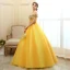 Chic / Beautiful Gold Prom Dresses 2020 Ball Gown Off-The-Shoulder Short Sleeve Appliques Lace Pearl Beading Floor-Length / Long Ruffle Backless Formal Dresses