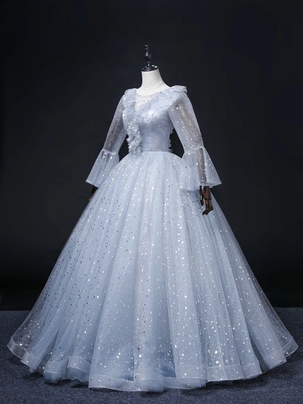 Bling Bling Sky Blue Star Sequins Prom Dresses 2022 Ball Gown Scoop Neck Bell sleeves Backless Floor-Length / Long Formal Dresses