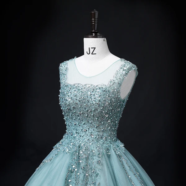 Chic / Beautiful Jade Green Beading Pearl Sequins Prom Dresses 2022 Ball Gown V-Neck Sleeveless Backless Floor-Length / Long Prom Formal Dresses