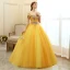 Chic / Beautiful Gold Prom Dresses 2020 Ball Gown Off-The-Shoulder Short Sleeve Appliques Lace Pearl Beading Floor-Length / Long Ruffle Backless Formal Dresses