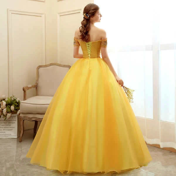 Chic / Beautiful Gold Prom Dresses 2020 Ball Gown Off-The-Shoulder Short Sleeve Appliques Lace Pearl Beading Floor-Length / Long Ruffle Backless Formal Dresses