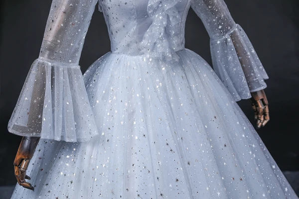 Bling Bling Sky Blue Star Sequins Prom Dresses 2022 Ball Gown Scoop Neck Bell sleeves Backless Floor-Length / Long Formal Dresses