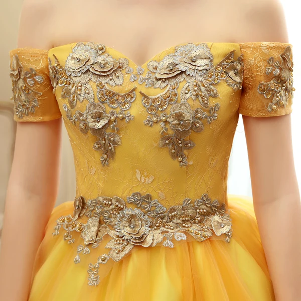 Chic / Beautiful Gold Prom Dresses 2020 Ball Gown Off-The-Shoulder Short Sleeve Appliques Lace Pearl Beading Floor-Length / Long Ruffle Backless Formal Dresses