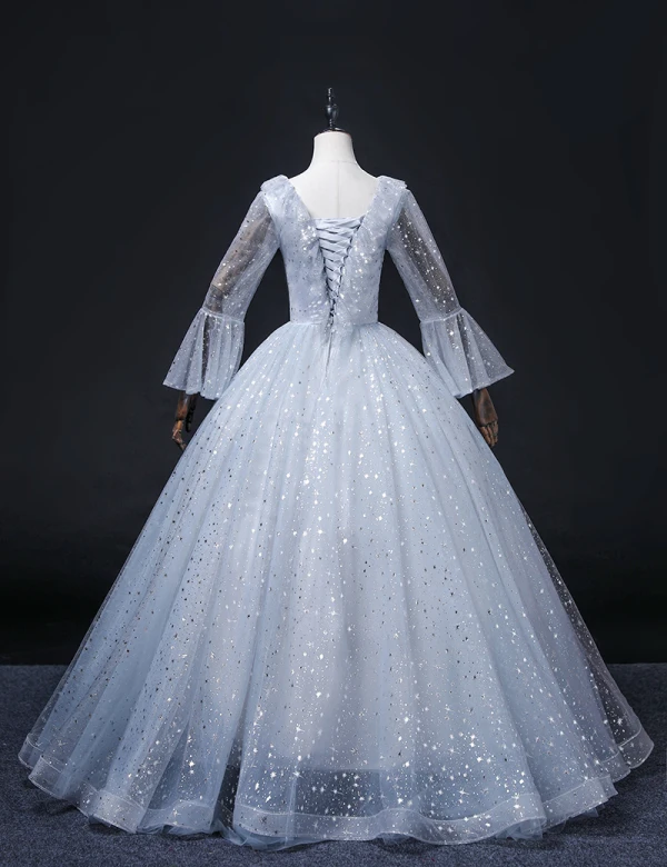 Bling Bling Sky Blue Star Sequins Prom Dresses 2022 Ball Gown Scoop Neck Bell sleeves Backless Floor-Length / Long Formal Dresses