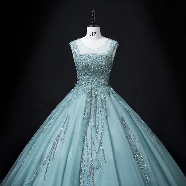 Chic / Beautiful Jade Green Beading Pearl Sequins Prom Dresses 2022 Ball Gown V-Neck Sleeveless Backless Floor-Length / Long Prom Formal Dresses