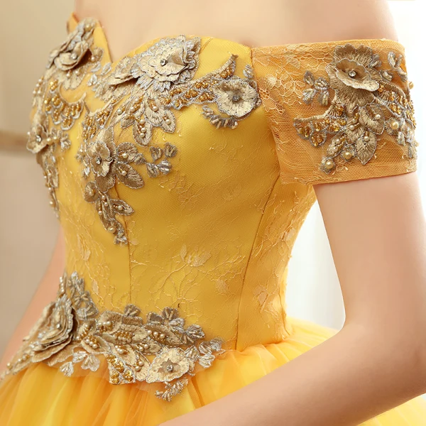 Chic / Beautiful Gold Prom Dresses 2020 Ball Gown Off-The-Shoulder Short Sleeve Appliques Lace Pearl Beading Floor-Length / Long Ruffle Backless Formal Dresses