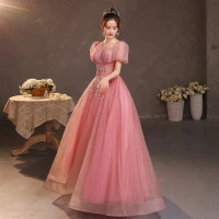 Chic / Beautiful Candy Pink Prom Dresses 2022 A-Line / Princess Square Neckline Short Sleeve Backless Beading Sequins Floor-Length / Long Formal Dresses
