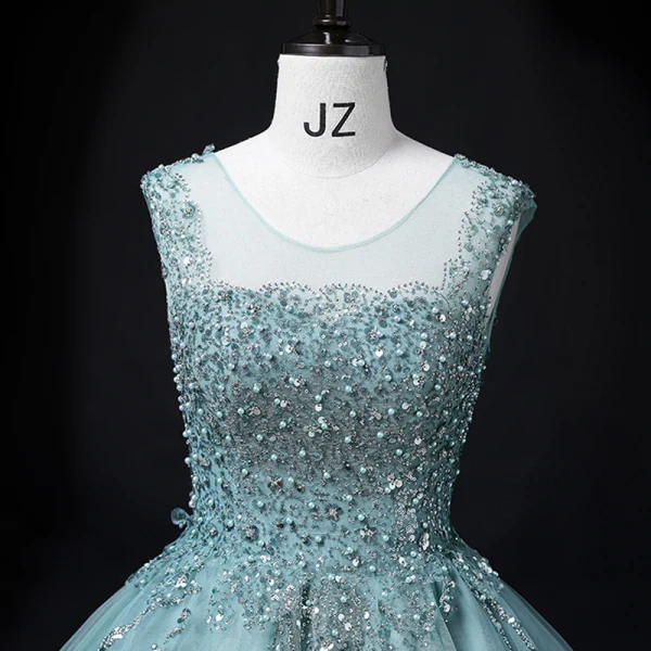 Chic / Beautiful Jade Green Beading Pearl Sequins Prom Dresses 2022 Ball Gown V-Neck Sleeveless Backless Floor-Length / Long Prom Formal Dresses
