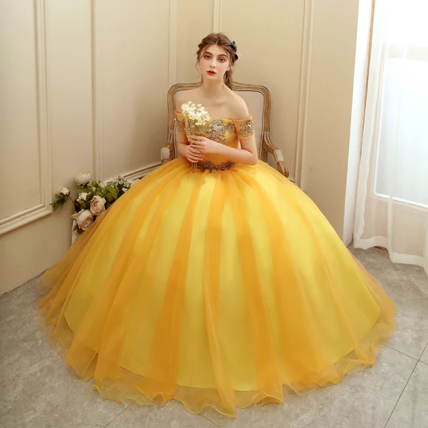Chic / Beautiful Gold Prom Dresses 2020 Ball Gown Off-The-Shoulder Short Sleeve Appliques Lace Pearl Beading Floor-Length / Long Ruffle Backless Formal Dresses