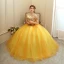 Chic / Beautiful Gold Prom Dresses 2020 Ball Gown Off-The-Shoulder Short Sleeve Appliques Lace Pearl Beading Floor-Length / Long Ruffle Backless Formal Dresses
