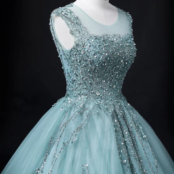 Chic / Beautiful Jade Green Beading Pearl Sequins Prom Dresses 2022 Ball Gown V-Neck Sleeveless Backless Floor-Length / Long Prom Formal Dresses