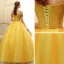 Chic / Beautiful Gold Prom Dresses 2020 Ball Gown Off-The-Shoulder Short Sleeve Appliques Lace Pearl Beading Floor-Length / Long Ruffle Backless Formal Dresses