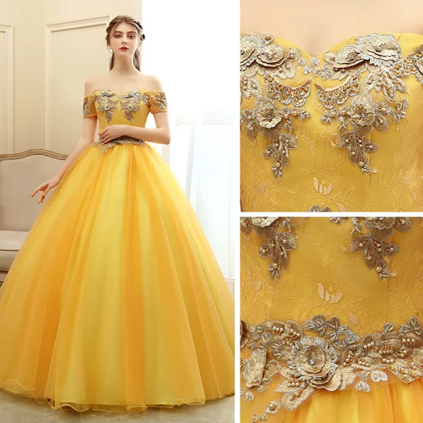 Chic / Beautiful Gold Prom Dresses 2020 Ball Gown Off-The-Shoulder Short Sleeve Appliques Lace Pearl Beading Floor-Length / Long Ruffle Backless Formal Dresses