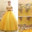 Chic / Beautiful Gold Prom Dresses 2020 Ball Gown Off-The-Shoulder Short Sleeve Appliques Lace Pearl Beading Floor-Length / Long Ruffle Backless Formal Dresses