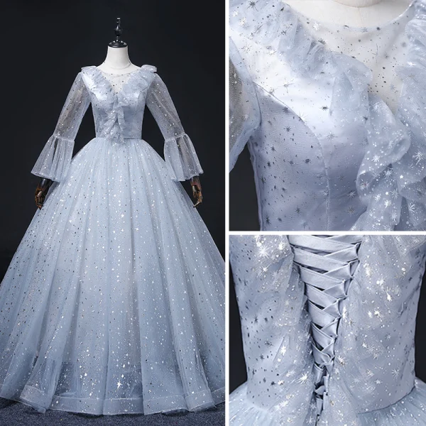 Bling Bling Sky Blue Star Sequins Prom Dresses 2022 Ball Gown Scoop Neck Bell sleeves Backless Floor-Length / Long Formal Dresses