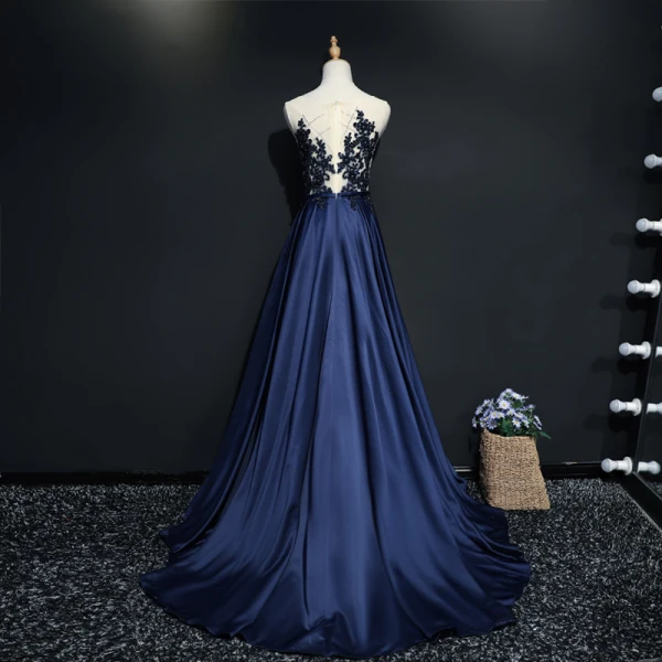 Chic / Belle Bleu Marine Robe De Soirée 2017 Princesse Dentelle U-Cou Appliques Dos Nu Perlage Fait main Soirée Robe De Ceremonie