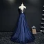 Chic / Belle Bleu Marine Robe De Soirée 2017 Princesse Dentelle U-Cou Appliques Dos Nu Perlage Fait main Soirée Robe De Ceremonie