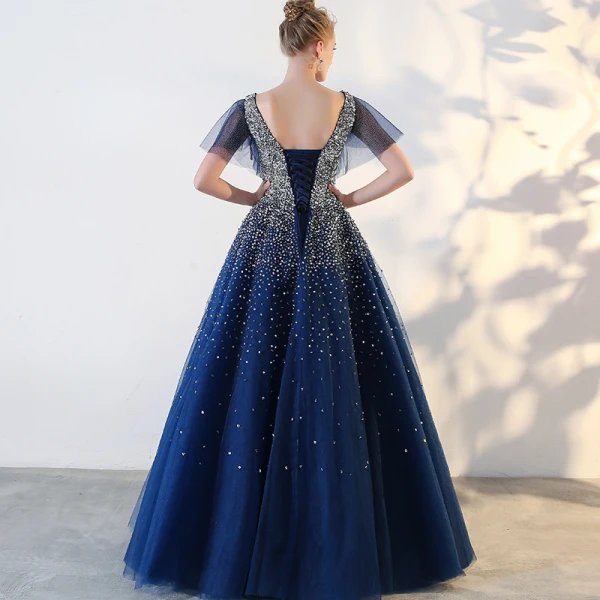 Glitzernden Königliches Blau Ballkleider 2018 Tülle V-Ausschnitt Pailletten Glanz Rückenfreies Perlenstickerei Sternenklarer Himmel Ballkleid Ball Festliche Kleider