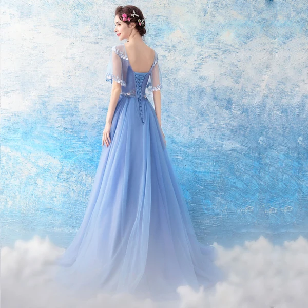 Chic / Beautiful Sky Blue Evening Dresses 2017 A-Line / Princess Tulle U-Neck Appliques Backless Beading Evening Party Formal Dresses