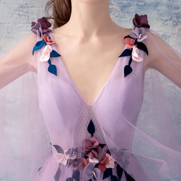 Chic / Beautiful Lilac Evening Dresses 2018 A-Line / Princess Floor-Length / Long Tulle V-Neck Appliques Backless Evening Party Formal Dresses