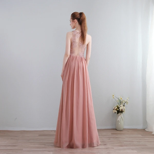 Modern / Fashion Floor-Length / Long Blushing Pink Evening Dresses  2018 A-Line / Princess Chiffon V-Neck Lace-up Appliques Backless Pierced Formal Dresses