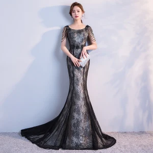 Luxury Gorgeous Black Chapel Train Evening Dresses 2018 Trumpet Mermaid Tulle U Neck Beading Printing Backless Evening Party Formal Dresses
