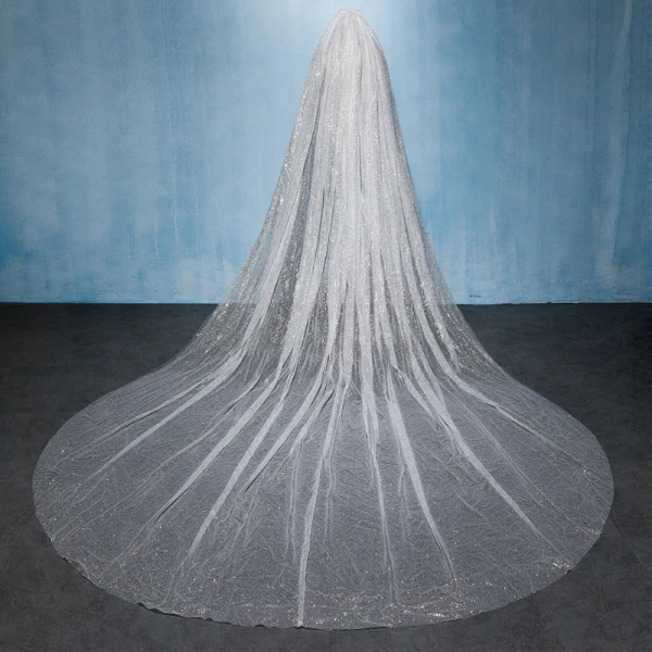 Sparkly Bling Bling White Cathedral Train Wedding Beading Sequins Tulle Wedding Veils 2018