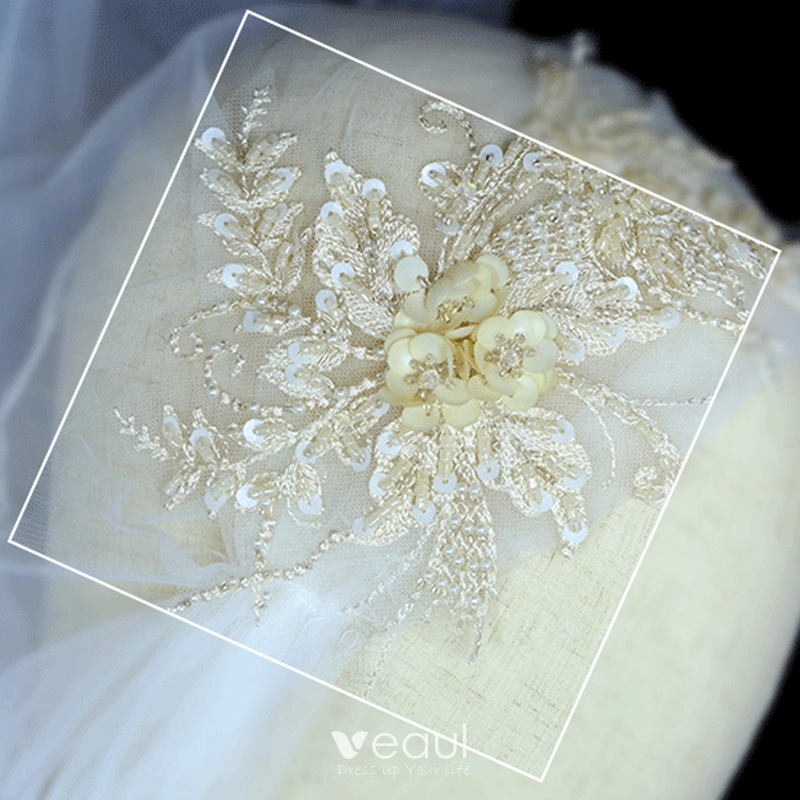 Modern / Fashion White Short Wedding Veils 2020 Handmade Tulle Beading  Embroidered Pearl Wedding Accessories