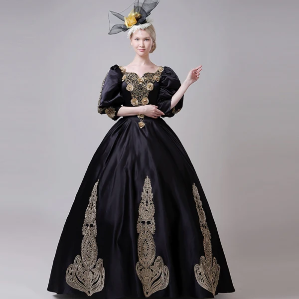 Vintage / Originale Médiévale Noire Robe Boule Robe De Bal 2021 V-Cou 3/4 Manches Longue Dentelle 3D Fleur Fait main Cosplay Promo Robe De Ceremonie