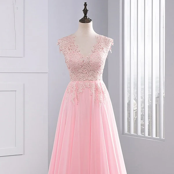 Chic / Beautiful 2017 Candy Pink Evening Dresses  V-Neck Lace Appliques Backless A-Line / Princess Evening Party