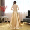 Chic / Beautiful Gold Evening Dresses  2017 A-Line / Princess U-Neck Lace Charmeuse Pierced Evening Party Party Dresses