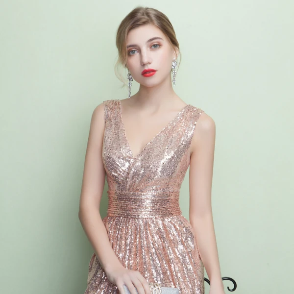 Schöne Glitzernden Pearl Rosa Abendkleider 2017 Mermaid V-Ausschnitt Gestreift Rückenfreies Pailletten Polyester Abend Festliche Kleider
