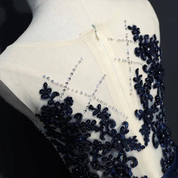 Chic / Belle Bleu Marine Robe De Soirée 2017 Princesse Dentelle U-Cou Appliques Dos Nu Perlage Fait main Soirée Robe De Ceremonie