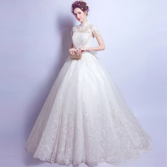 Chic Beautiful White Wedding Dresses 2017 A Line Princess Lace High Neck Appliques Backless Beading Wedding