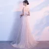 Chic / Beautiful Grey Evening Dresses  2018 A-Line / Princess U-Neck Tulle Appliques Backless Beading Evening Party Formal Dresses