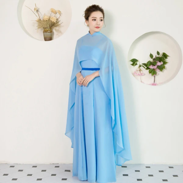 Modest / Simple Chinese style Sky Blue Floor-Length / Long Evening Dresses 2018 A-Line / Princess Chiffon With Cloak High Neck Evening Party Formal Dresses