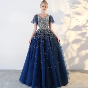 Sparkly Kongeblå Ballkjoler 2018 Tyll V Hals Paljetter Glitter Ryggløse Beading Stjernehimmelen Ballkjole Ball Formelle Kjoler