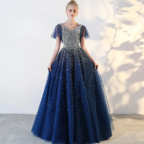 Scintillantes Bleu Roi Robe De Bal 2018 Tulle V-Cou Paillettes Glitter Dos Nu Perlage Ciel étoilé Robe Boule Promo Robe De Ceremonie