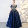 Sparkly Royal Blue Prom Dresses 2018 Tulle V-Neck Sequins Glitter Backless Beading Starry Sky Ball Gown Prom Formal Dresses