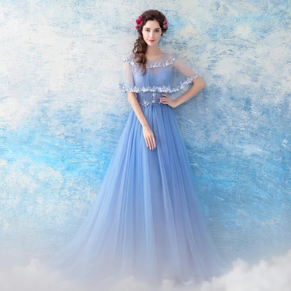 Chic / Beautiful Sky Blue Evening Dresses 2017 A-Line / Princess Tulle U-Neck Appliques Backless Beading Evening Party Formal Dresses