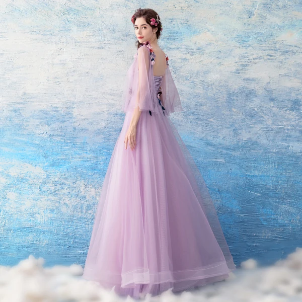 Chic / Beautiful Lilac Evening Dresses 2018 A-Line / Princess Floor-Length / Long Tulle V-Neck Appliques Backless Evening Party Formal Dresses
