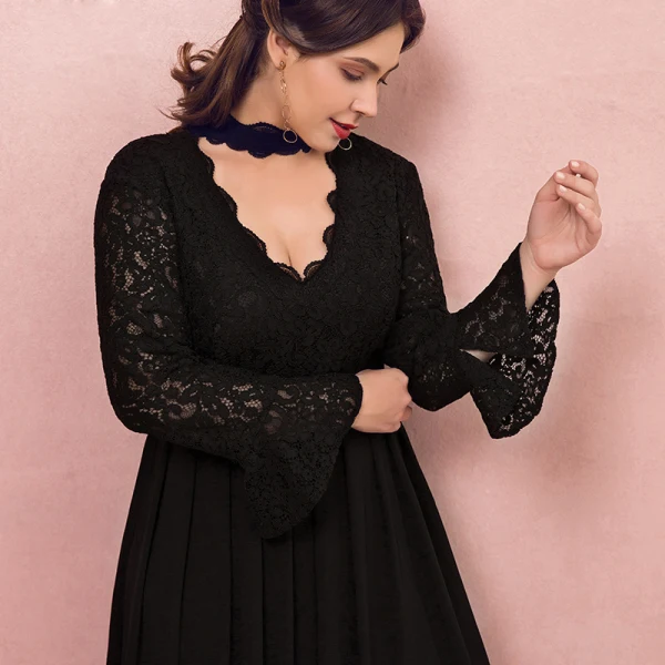 Amazing / Unique Black Plus Size Evening Dresses 2018 A-Line / Princess Long Sleeve Tulle V-Neck Lace-up Backless Evening Party Prom Dresses