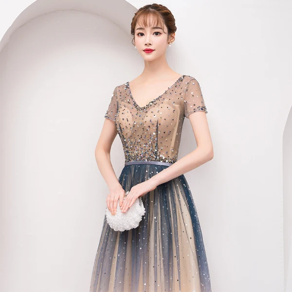 Sparkly Bling Bling Multi-Colors Floor-Length / Long Evening Dresses 2018 A-Line / Princess V-Neck Tulle Backless Beading Sequins Evening Party Formal Dresses