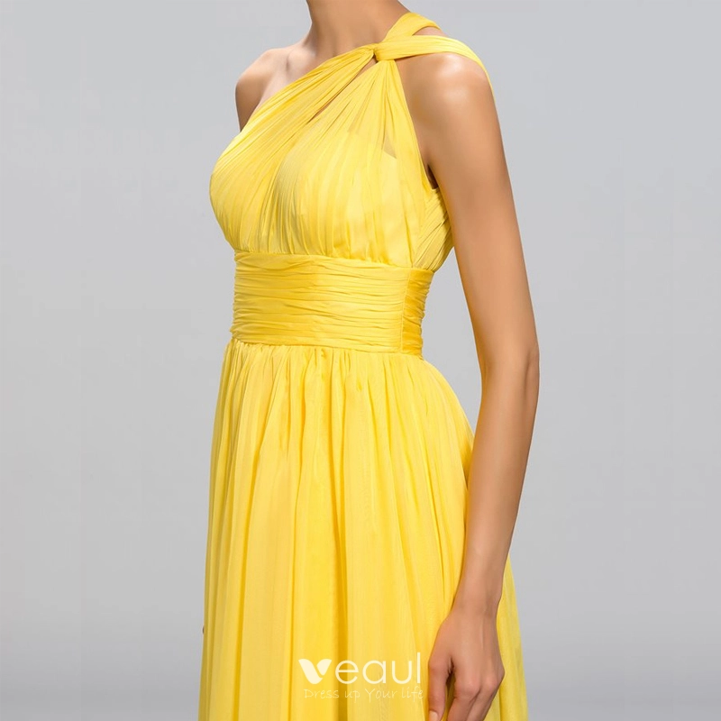 Elegant Classique Charmant Jaune Empire Robe De Soiree 2020 Princesse Longue Ete Couleur Unie Fendue devant