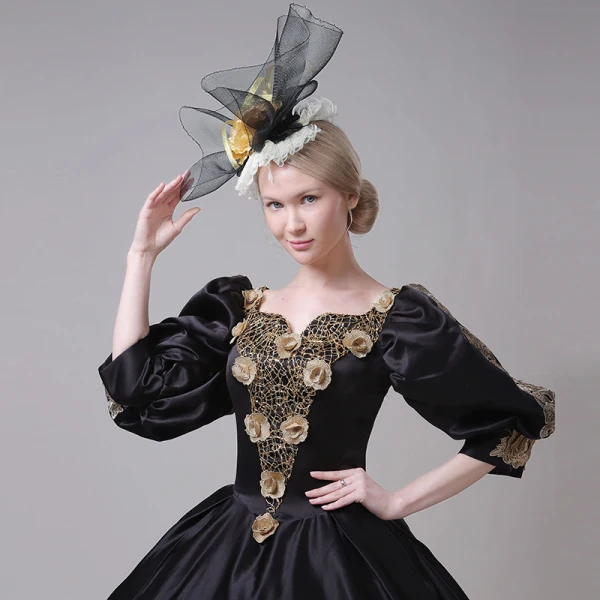 Vintage / Originale Médiévale Noire Robe Boule Robe De Bal 2021 V-Cou 3/4 Manches Longue Dentelle 3D Fleur Fait main Cosplay Promo Robe De Ceremonie