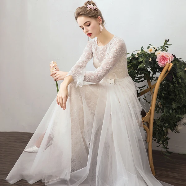 Amazing / Unique White Evening Dresses 2019 A-Line / Princess Lace Tulle  U-Neck Long Sleeve Appliques